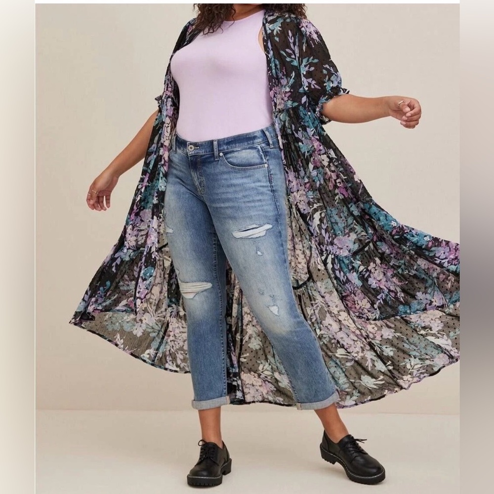 Torrid Black and Purple Floral Kimono